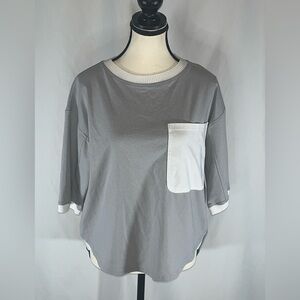 Joh Apparel Gray Tunic Top Contrast White Pocket Ribbed Trim 3/4 Sleeve